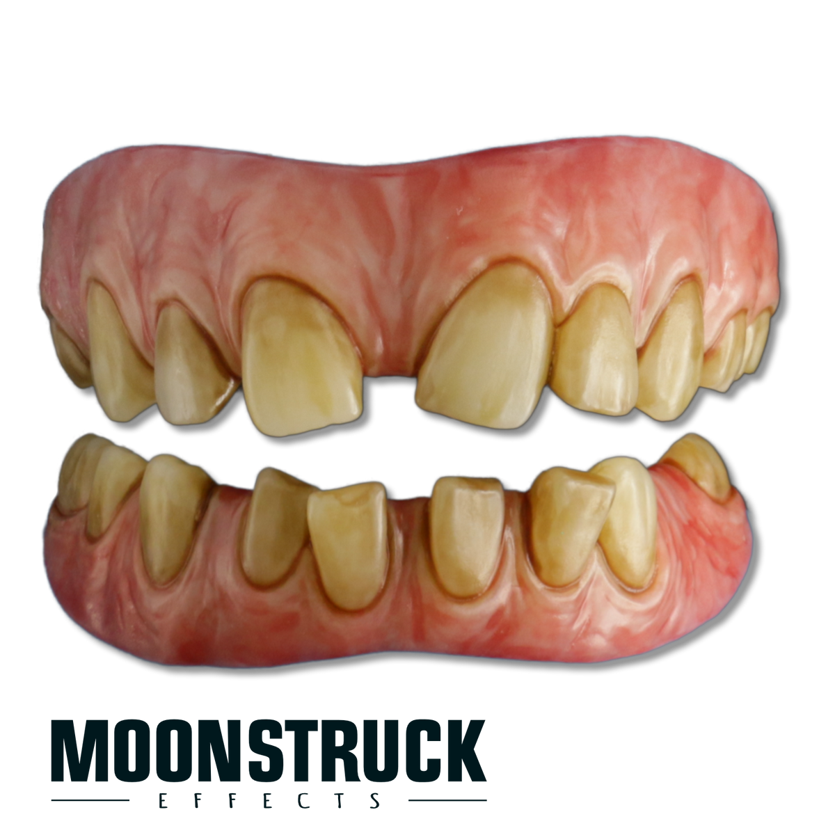 Billy Hilly Teeth full FX teeth set in Relic finish with wide front gaps, crooked teeth and warm aged staining