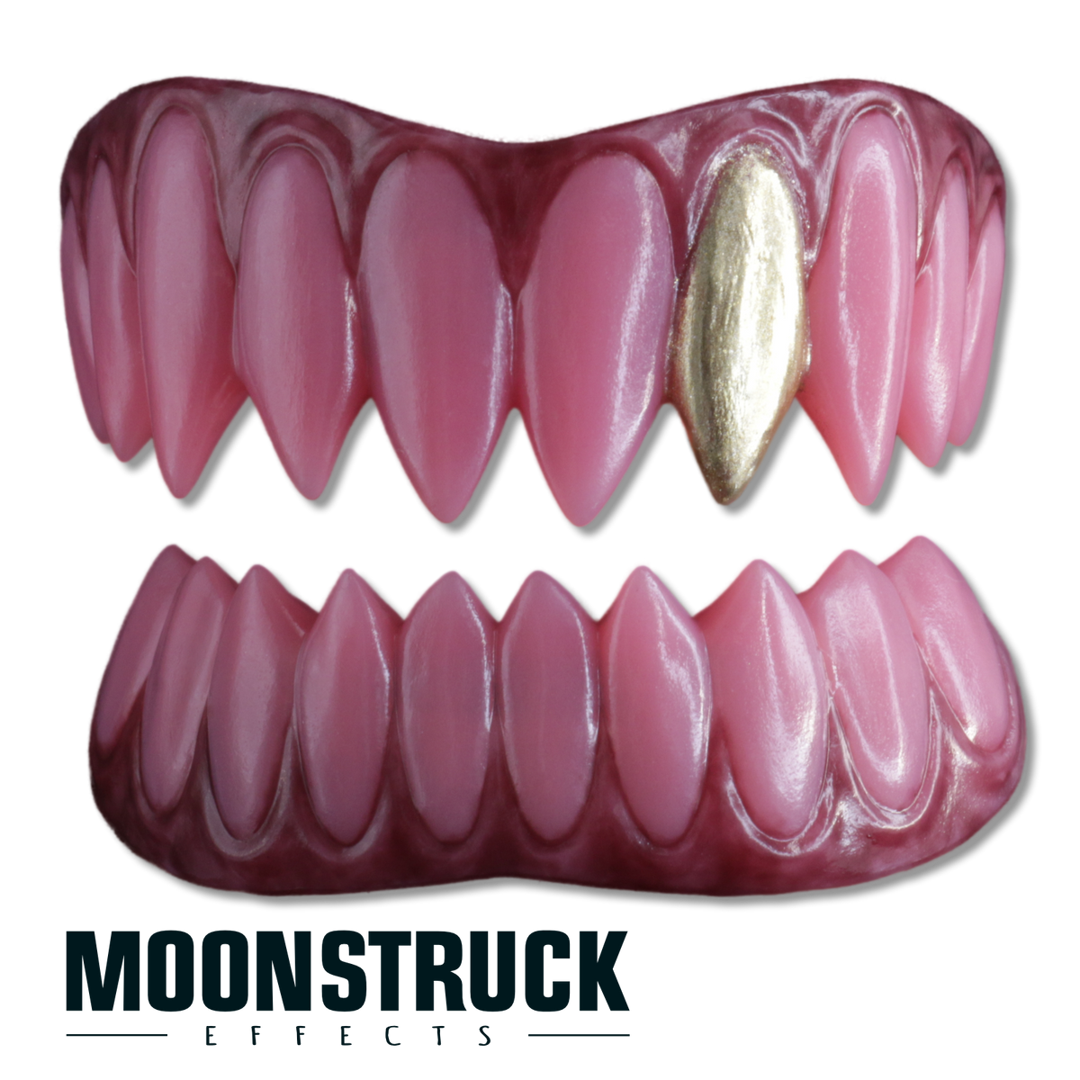Decadent Demon full FX teeth set with mauve-purple pointed teeth and one metallic gold-coloured upper accent tooth