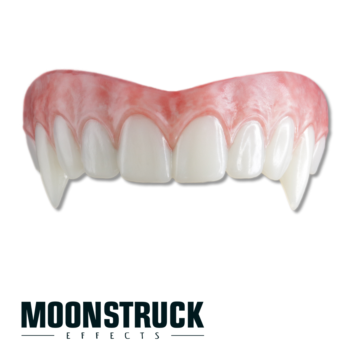 Morningstar Teeth upper FX teeth set with smooth ivory front teeth, two tapered vampire fangs and pink gums