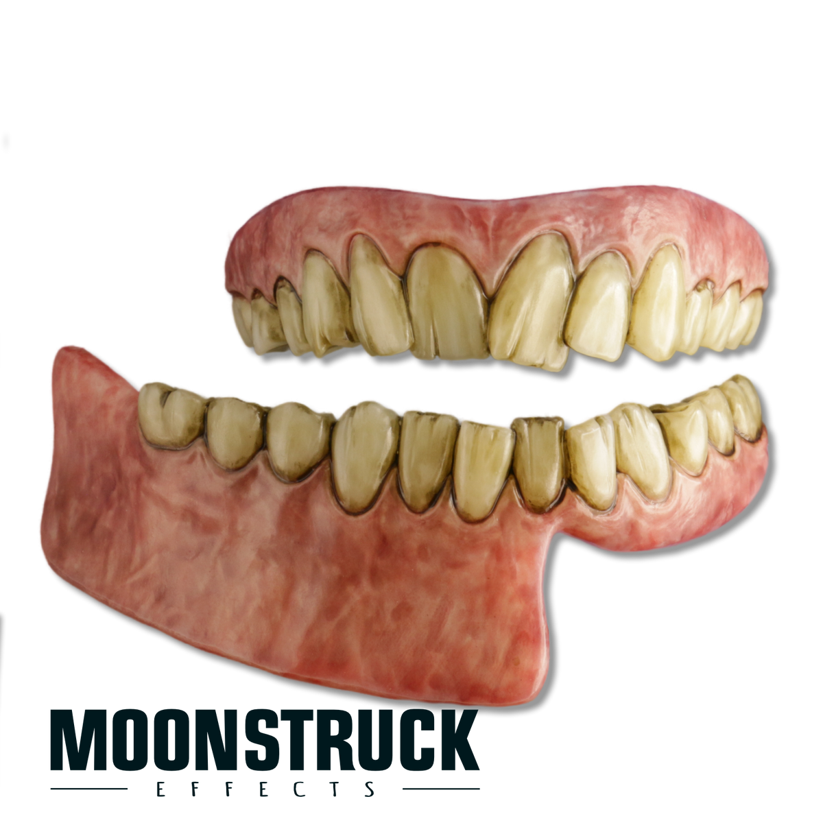 Dead Ringer zombie FX teeth with stained uneven teeth and an extended lower gum section for a missing-lip or cheek illusion