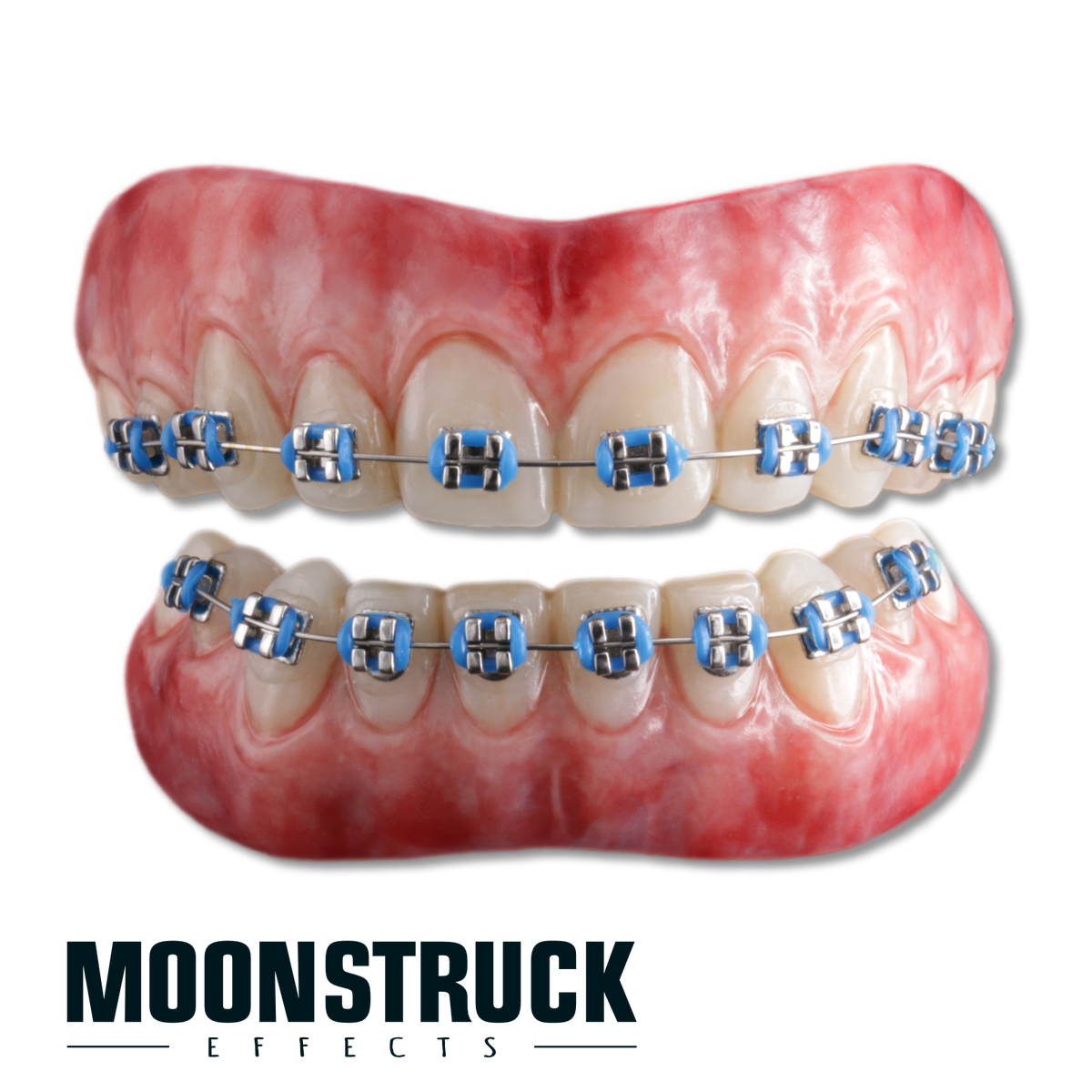 Fake Braces full FX teeth set with natural ivory teeth, imitation metal braces and blue bands