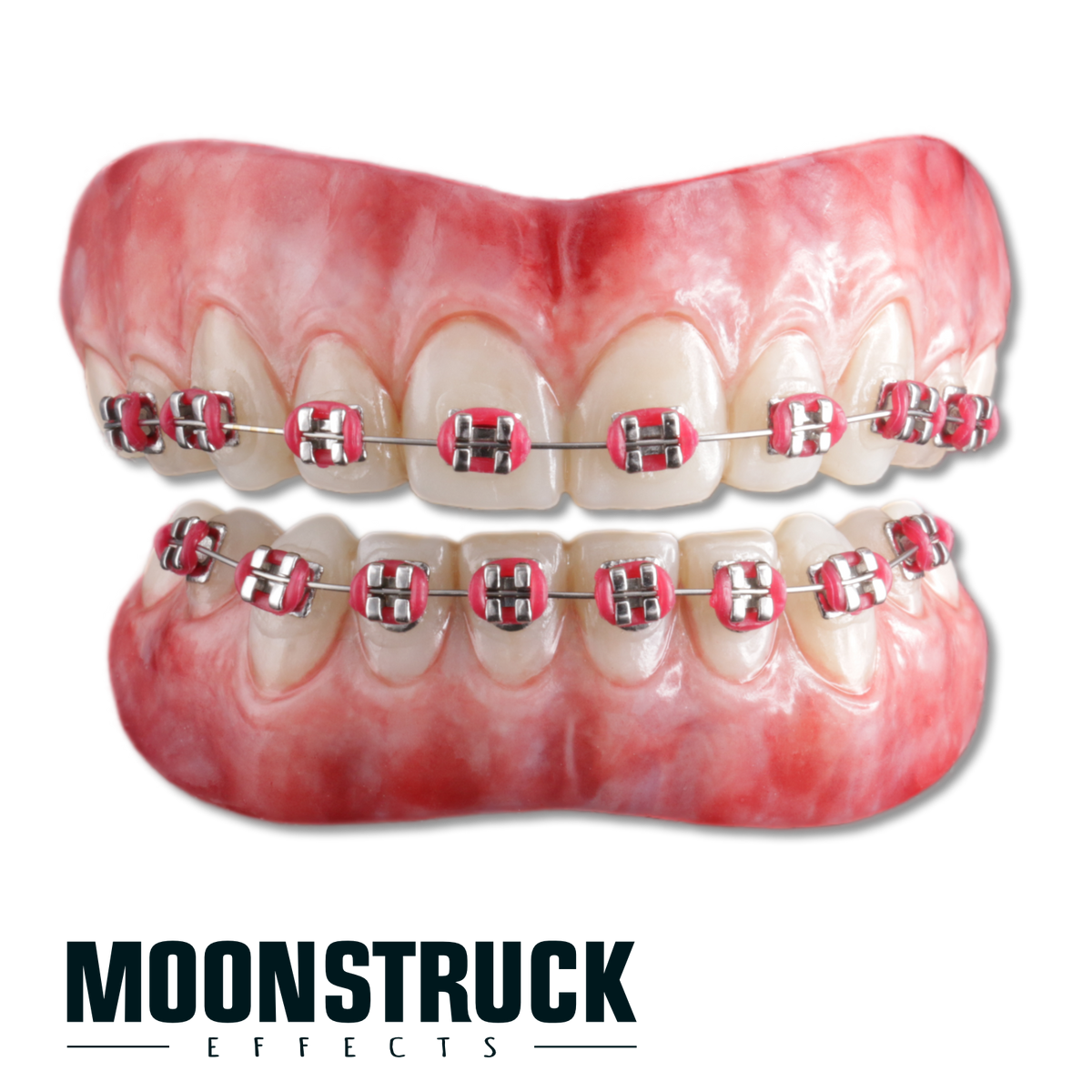 Fake Braces full FX teeth set with natural ivory teeth, imitation metal braces and red bands
