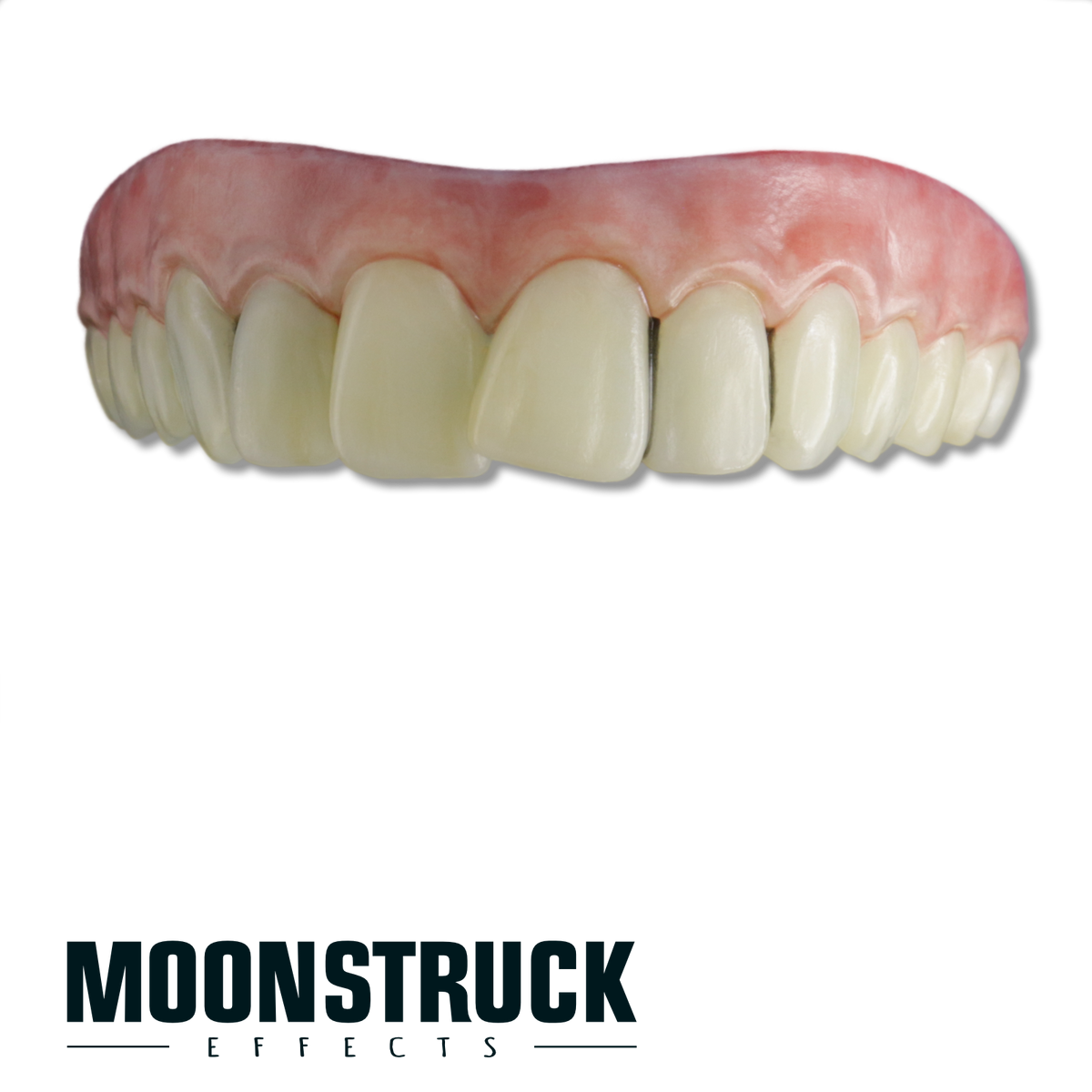Groovy Agent upper FX teeth with oversized uneven front teeth, dark gaps and warm ivory colouring