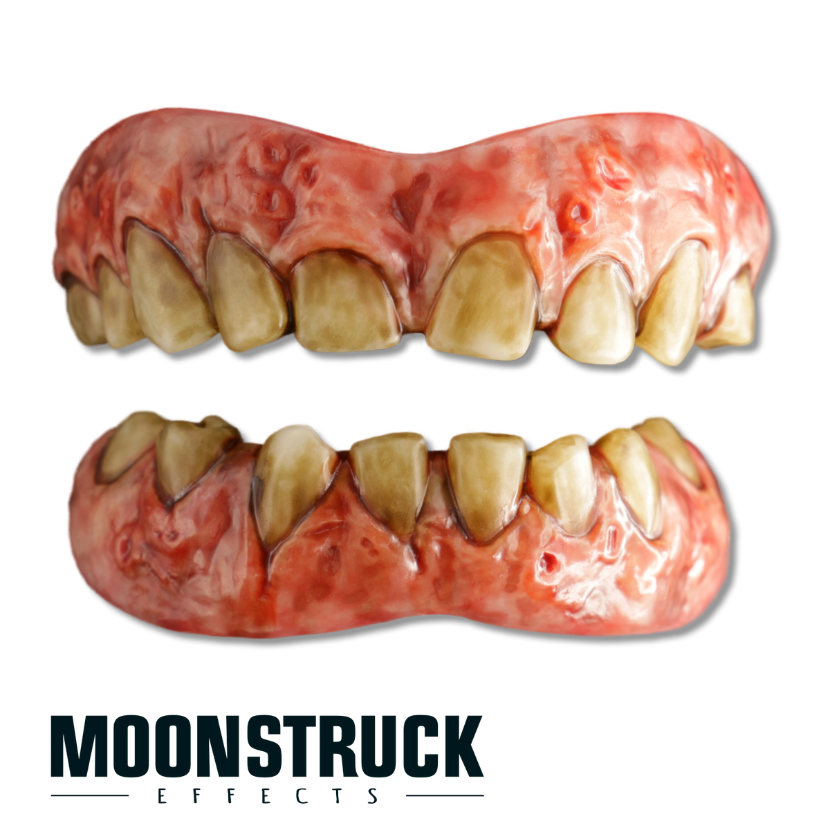 Inflamed Nightmare full FX teeth set with crooked stained teeth and red pitted scar-like gum texture