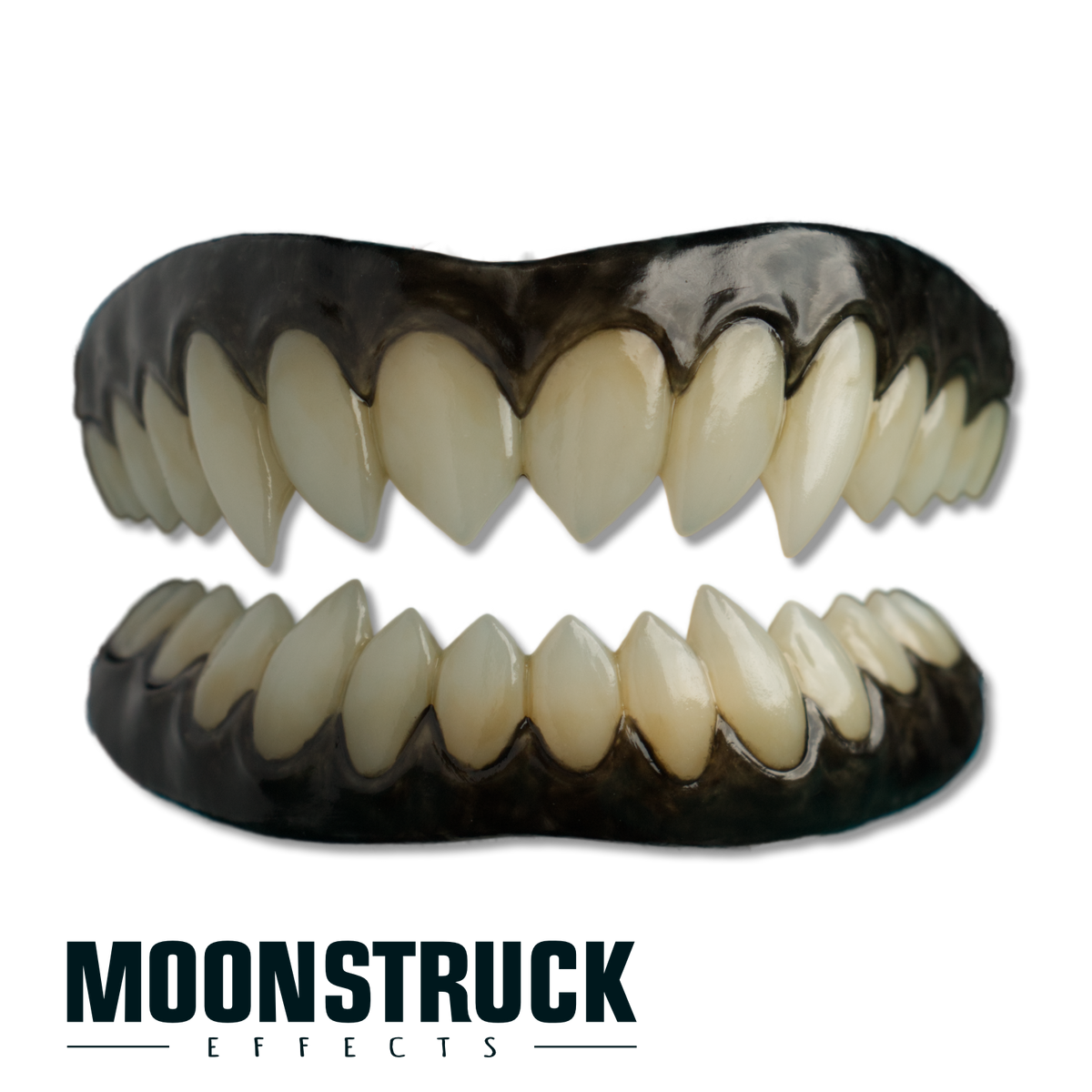 Nightfang Teeth full FX teeth set with pointed ivory teeth, pronounced canines and glossy black gums