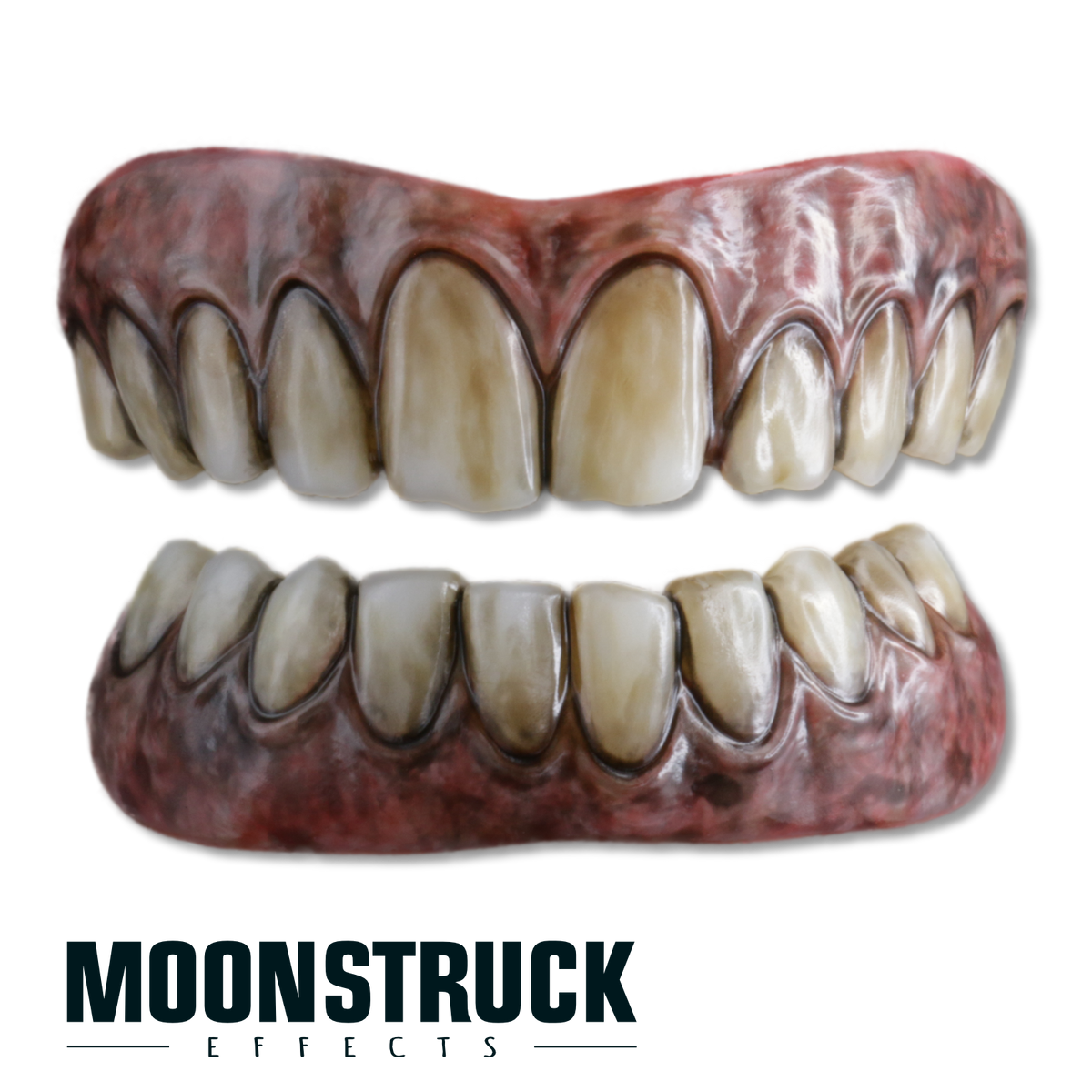 Terrifying Clown full FX teeth set in Stained finish with uneven ivory teeth, brown staining and mottled dusky gums